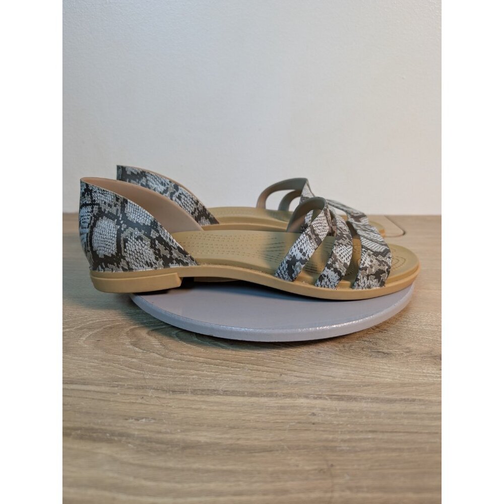 Crocs Sandals Womens 11 Gray Tan Snake Tulum Open Toe Flat 3-Strap Flat Iconic - Picture 4 of 8